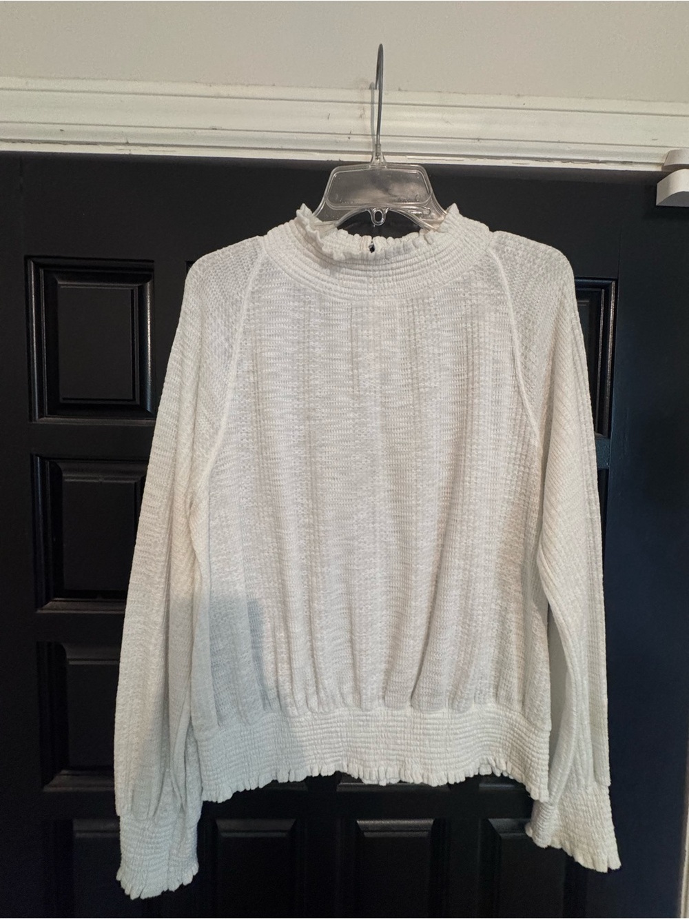Free People Cream Ruffle Mock Neck Textured Pullover